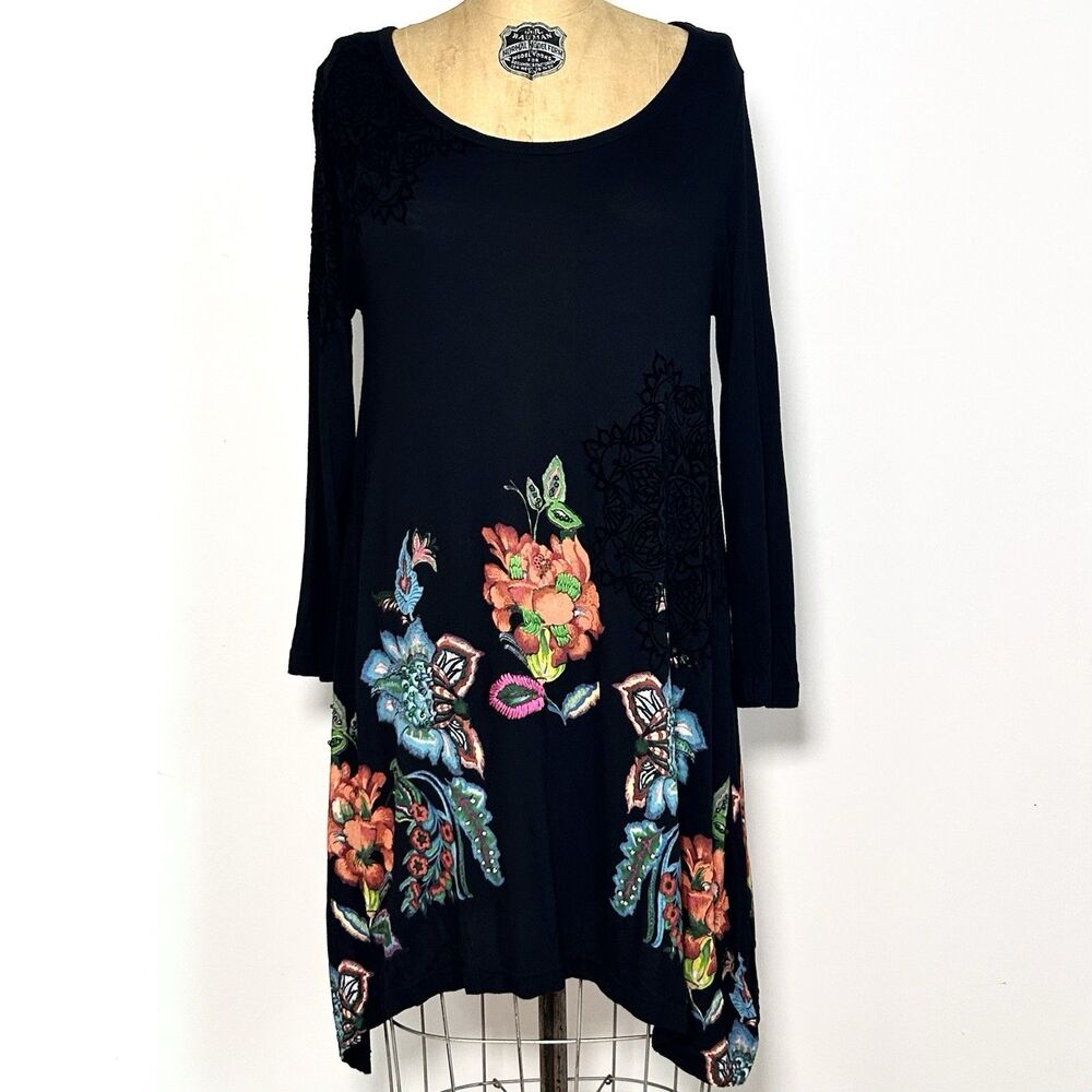Desigual Floral Embroidered Tunic Dress Black Asym Hem Boho Size L